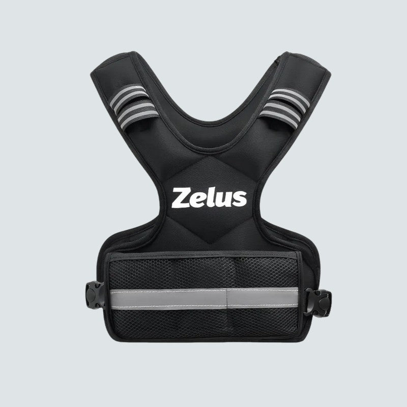 Black weight vest with Zelus logo on a light gray background